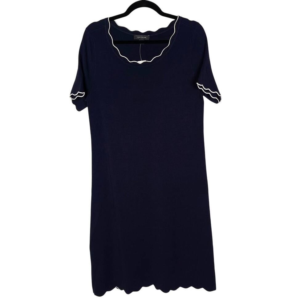 New Ann Taylor Medium M Navy Blue Scalloped Sweater Dress Short Sleeve ALine